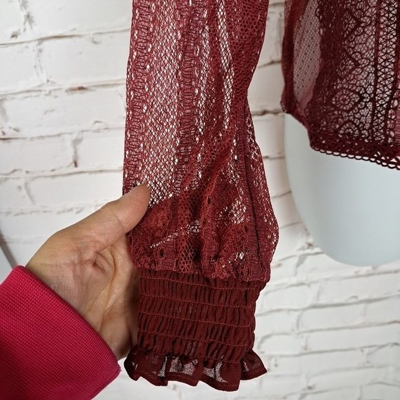 Zara‎ Burgundy Sheer Lace Top - Picture 4 of 10